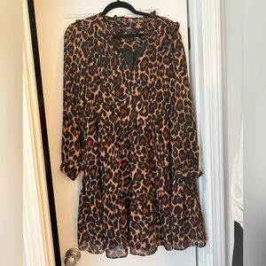 J Crew Leopard Print Long Sleeve Chiffon Tie-Neck Dress